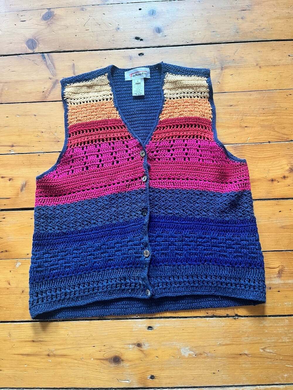 Talbots Vtg y2k  Multicolor Striped Crochet Knit Button Front Vest S